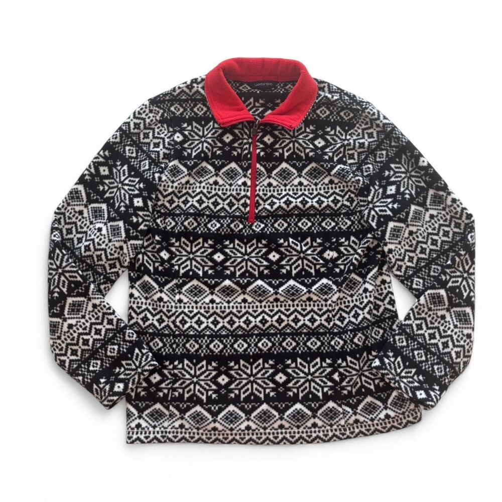 Lands end Black and white snowflake quarter zip sweatshirt with red collar